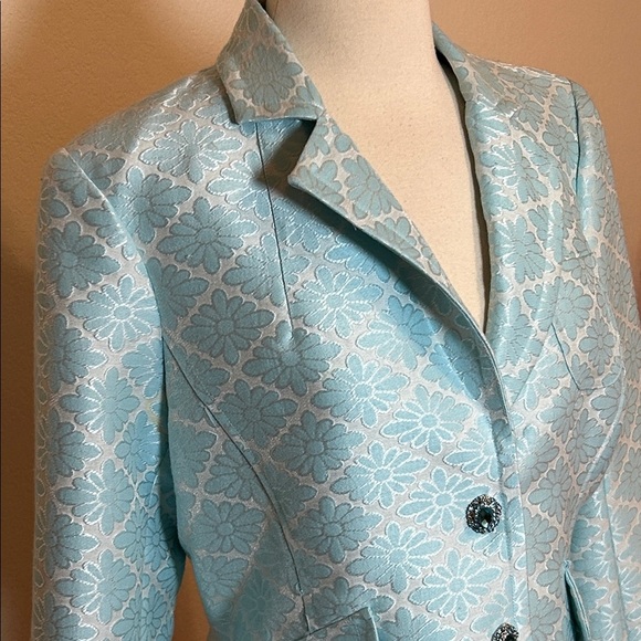 Ice Light Blue Jacquard Floral Blazer with Rhinestone Snap Buttons size 8 - Picture 2 of 16